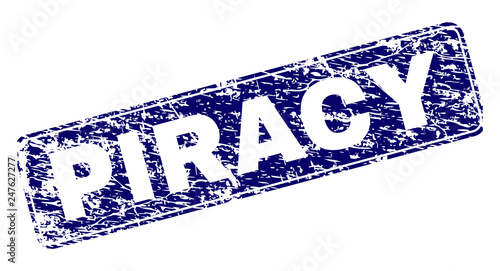 PIRACY stamp seal print with grunge style. Seal shape is a rounded rectangle with frame. Blue vector rubber print of PIRACY text with corroded texture.
