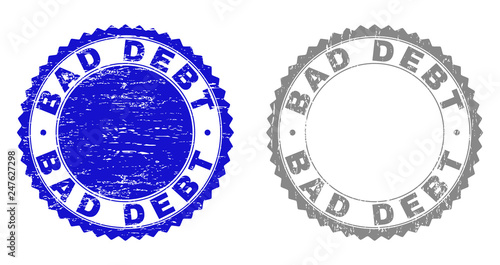 Grunge BAD DEBT stamp seals isolated on a white background. Rosette seals with distress texture in blue and gray colors. Vector rubber watermark of BAD DEBT tag inside round rosette.