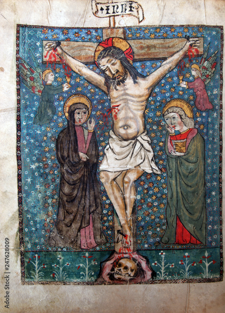 Crucifixion, Jesus dies on the cross. Close up of old Holy Bible book Crucifixion, Jesus dies on the cross. Close up of old Holy Bible book