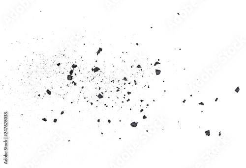Black coal dust with fragments isolated on white background, top view. photo