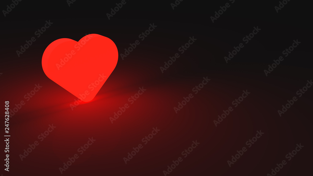 Glowing red heart placed on black desk. Symbol of love and romance. 3D render of romantic valentine celebration..