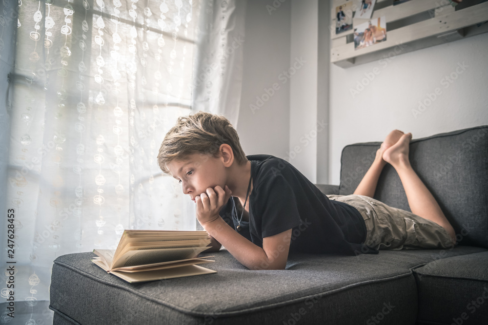 Blond boy barefoot reads book with his face leaning on a hand, student lying down reading the lesson comfortably relaxed, diligent child reads a story young man plunges into culture Home works on sofà Blond boy barefoot reads book with his face leaning on a hand, student lying down reading the lesson comfortably relaxed, diligent child reads a story young man plunges into culture Home works on sofà