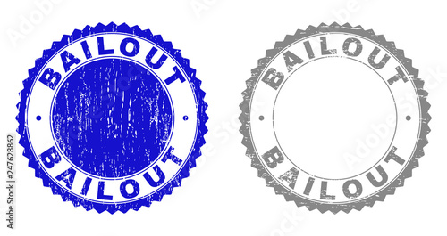 Grunge BAILOUT stamp seals isolated on a white background. Rosette seals with grunge texture in blue and gray colors. Vector rubber overlay of BAILOUT text inside round rosette.