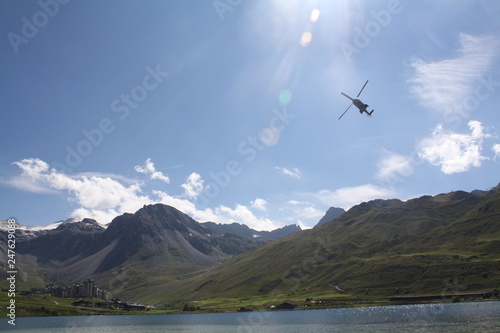 Helicopter flying over Le lac in France
