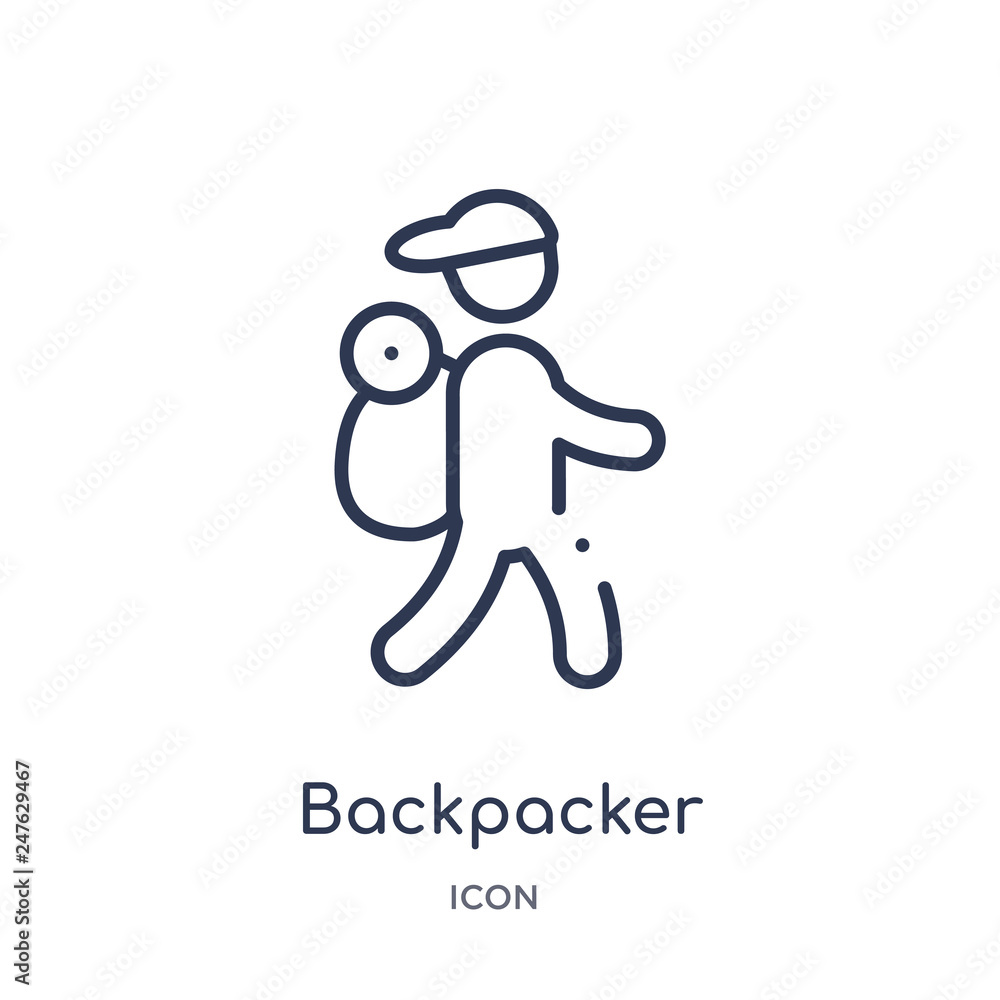 backpacker icon from travel outline collection. Thin line backpacker icon isolated on white background. backpacker icon from travel outline collection. Thin line backpacker icon isolated on white background.
