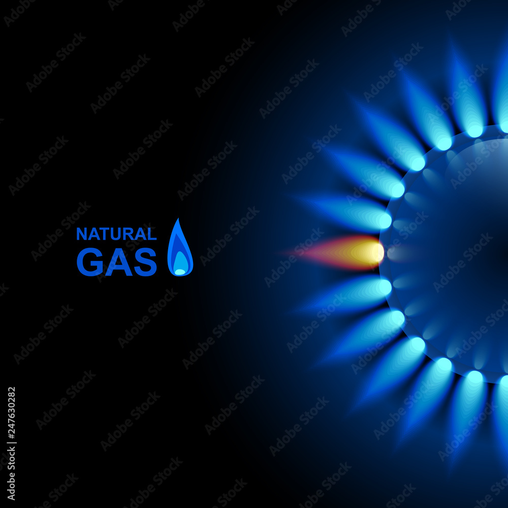 Gas flame with blue reflection on dark backdrop. Vector background. EPS 10 - obrazy, fototapety, plakaty 
