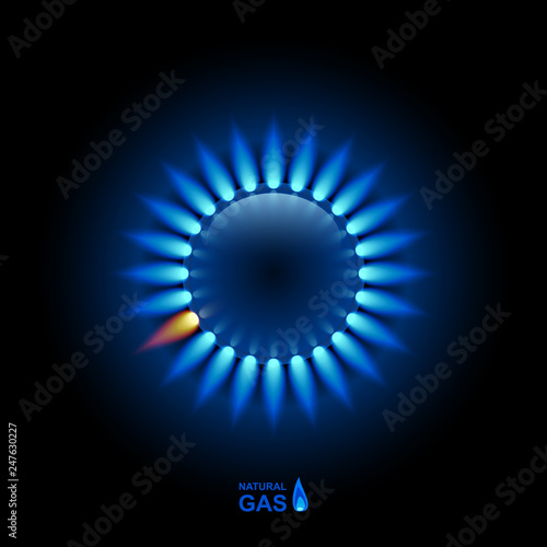 Gas flame with blue reflection on dark backdrop. Vector background. EPS 10