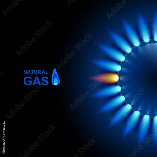 Gas flame with blue reflection on dark backdrop. Vector background. EPS 10 photo