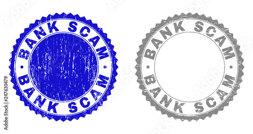 Grunge BANK SCAM stamp seals isolated on a white background. Rosette seals with grunge texture in blue and gray colors. Vector rubber overlay of BANK SCAM text inside round rosette.