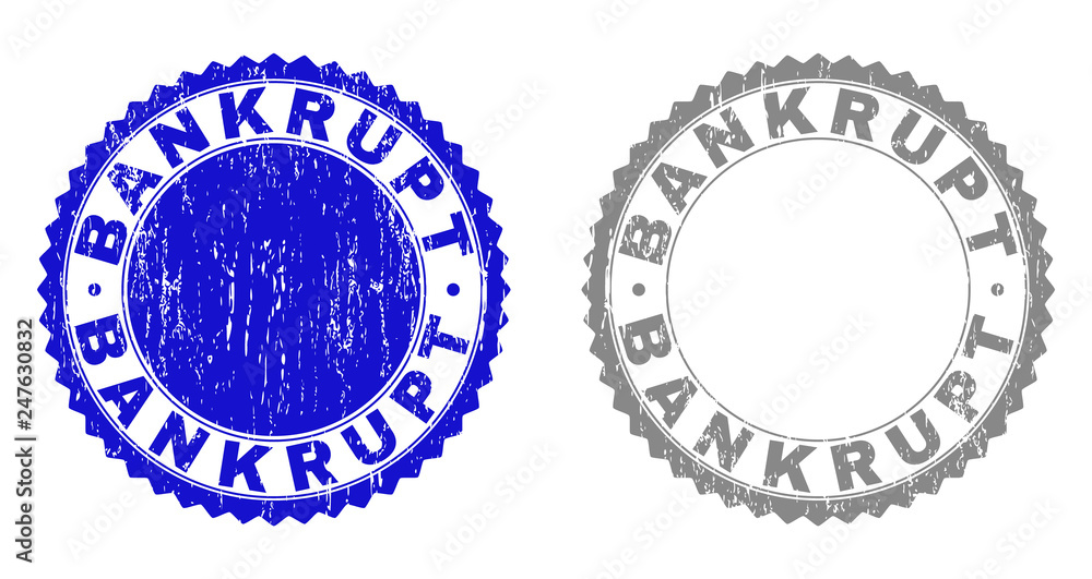 Obraz premium Grunge BANKRUPT stamp seals isolated on a white background. Rosette seals with grunge texture in blue and gray colors. Vector rubber watermark of BANKRUPT title inside round rosette.