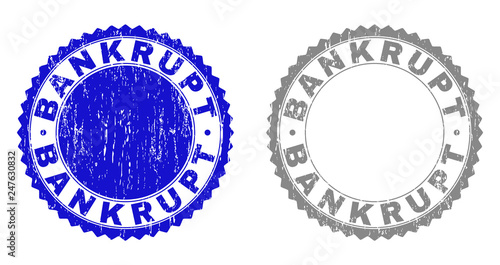 Grunge BANKRUPT stamp seals isolated on a white background. Rosette seals with grunge texture in blue and gray colors. Vector rubber watermark of BANKRUPT title inside round rosette.