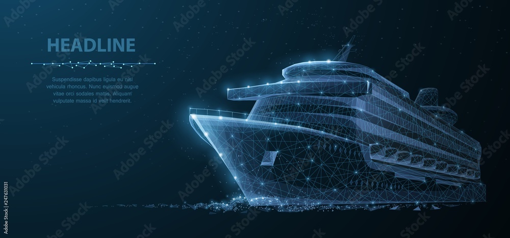 Ship. Abstract vector luxury ruise liner ship on dark blue night sky background with dots, stars. - obrazy, fototapety, plakaty 