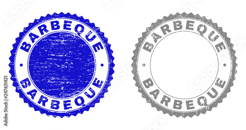 Grunge BARBEQUE stamp seals isolated on a white background. Rosette seals with grunge texture in blue and grey colors. Vector rubber watermark of BARBEQUE caption inside round rosette.