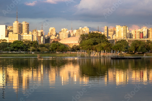 Skyline of Sao Paulo city and reflex in lake