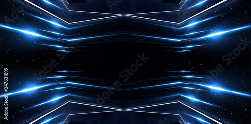 Abstract blue neon background, dark background. Abstract light, abstract rays. Abstract tunnel, portal blue.