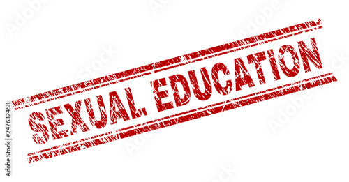 SEXUAL EDUCATION seal print with grunge style. Red vector rubber print of SEXUAL EDUCATION text with scratched texture. Text tag is placed between double parallel lines.
