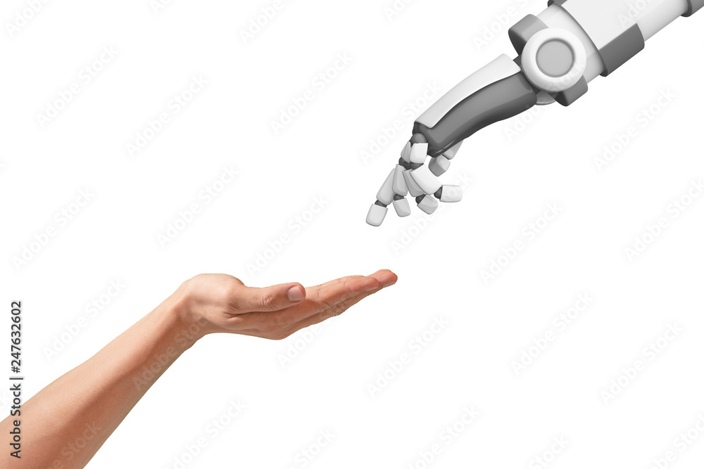 Human hand and robot hand with empty space on white background ...