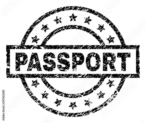 PASSPORT stamp seal watermark with distress style. Designed with rectangle, circles and stars. Black vector rubber print of PASSPORT title with unclean texture.