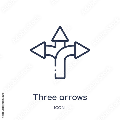 three arrows icon from user interface outline collection. Thin line three arrows icon isolated on white background.