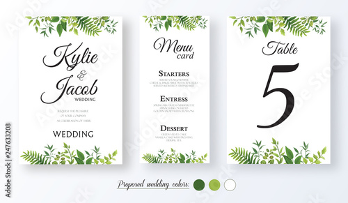 Wedding Invitation, menu card, table number, Floral design with green watercolor fern leaves, foliage greenery decorative frame print. Vector elegant cute rustic greeting, invite, postcard 