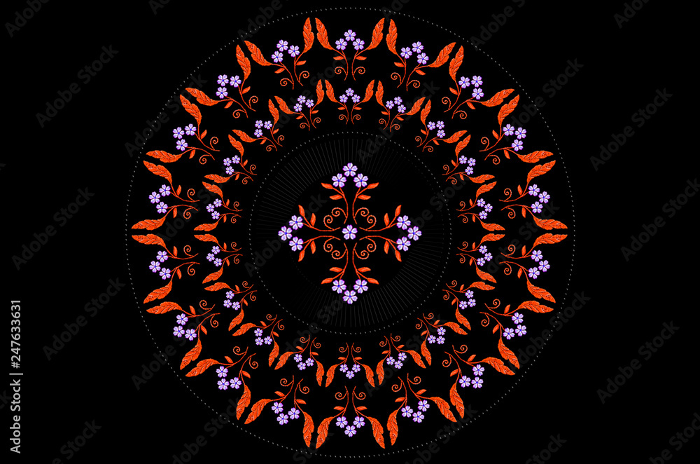Black background with a round frame of beads and floral wreath embroidered with satin stitch of bouquets with light lilac flowers and orange leaves