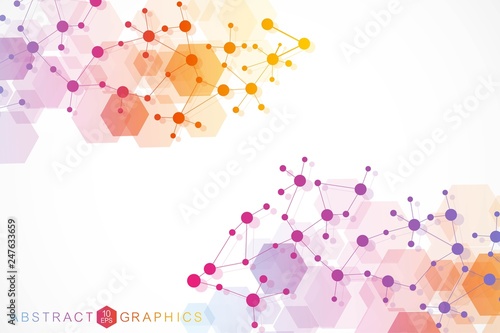 Structure molecule and communication. Dna, atom, neurons. Scientific concept for your design. Connected lines with dots. Medical, technology, chemistry, science background. Vector illustration.