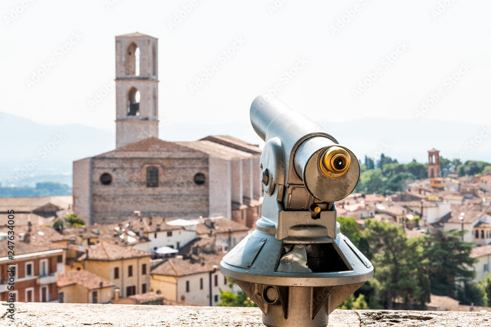 Perugia in Umbria, Italy cityscape view of Church of San Domenico tower and telescope in town village in summer landscape