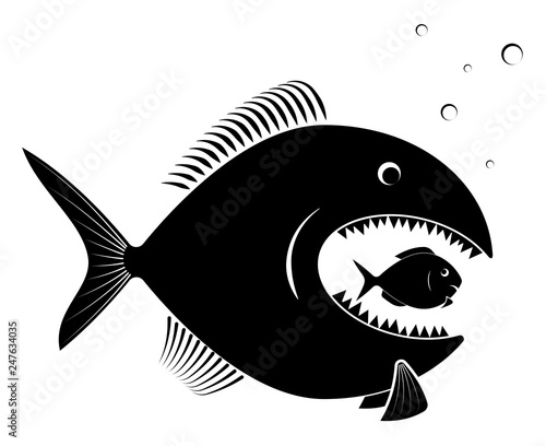 The big predatory fish eats the small defenseless. For an article on business takeover or competition. Black on white.