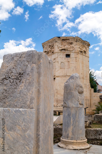 Ancient remains of the Roman Agora, marketplace built in Roman period in plaka district of Athens, Greece