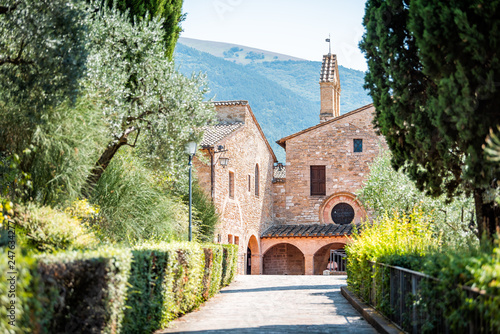Canvas Print Assisi, Italy town or village city in Umbria with San Damiano church during sunn