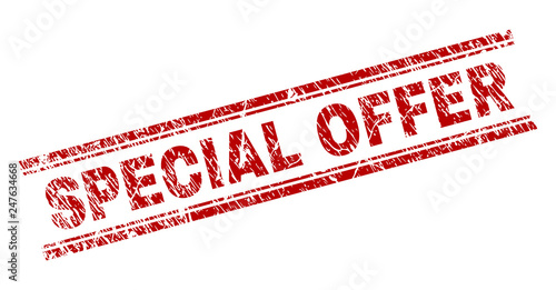 SPECIAL OFFER seal print with grunge texture. Red vector rubber print of SPECIAL OFFER title with retro texture. Text title is placed between double parallel lines.