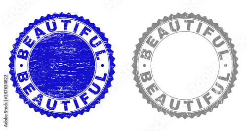 Grunge BEAUTIFUL stamp seals isolated on a white background. Rosette seals with grunge texture in blue and grey colors. Vector rubber imprint of BEAUTIFUL label inside round rosette.