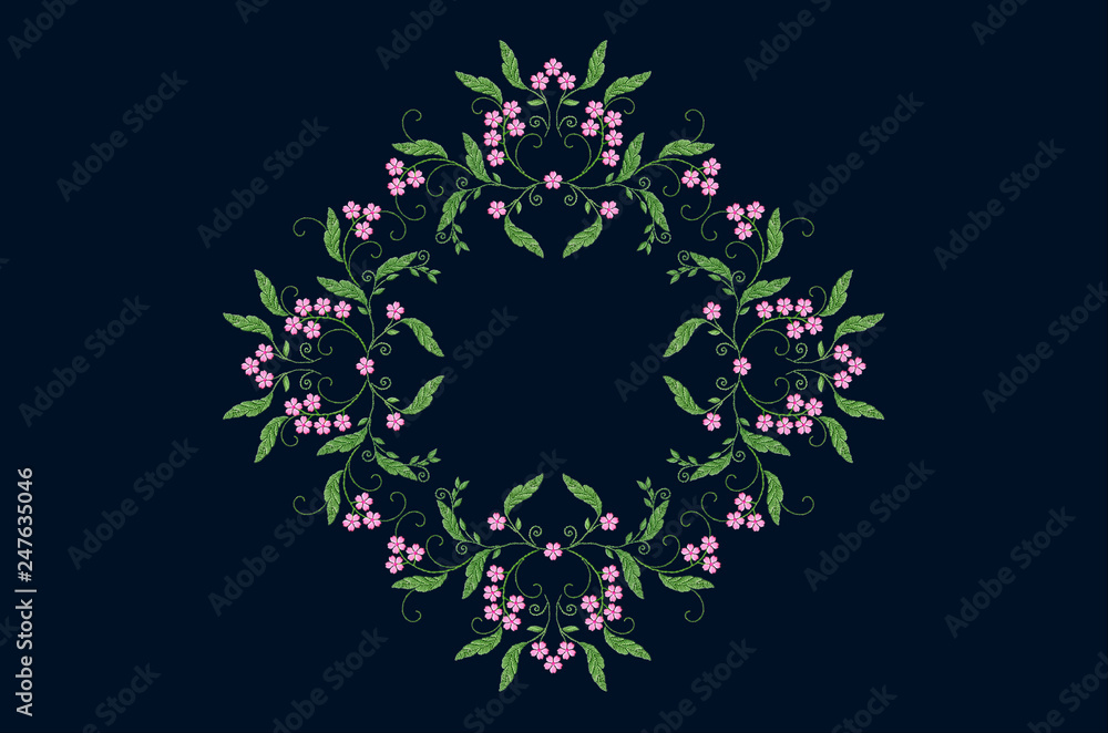 Beautiful pattern for embroidery satin stitch frame of bouquets with pink flowers on branches with curls and green leaves on dark blue background Beautiful pattern for embroidery satin stitch frame of bouquets with pink flowers on branches with curls and green leaves on dark blue background