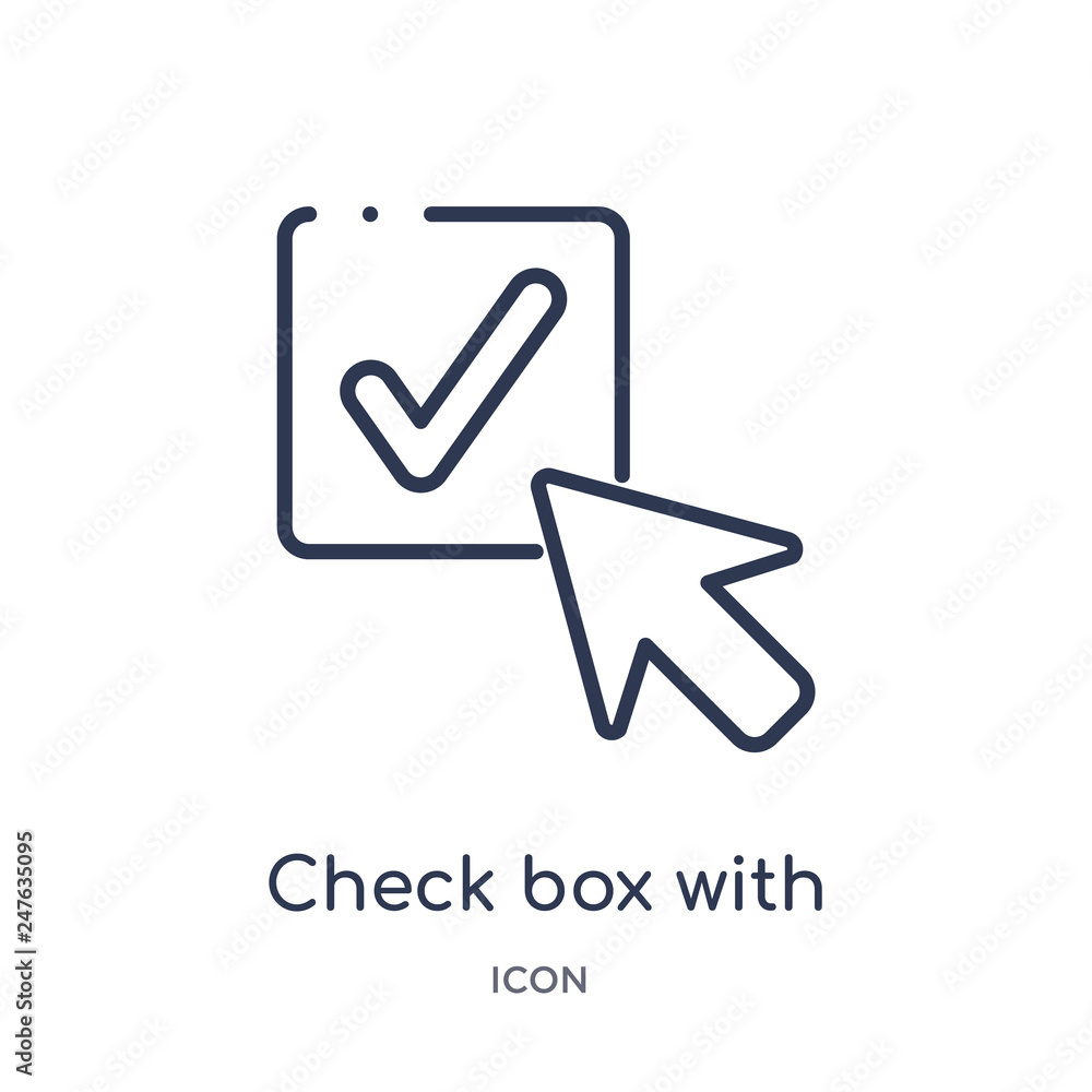 check box with cursor icon from user interface outline collection. Thin line check box with cursor icon isolated on white background. check box with cursor icon from user interface outline collection. Thin line check box with cursor icon isolated on white background.