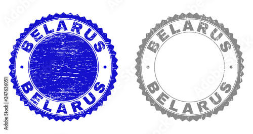 Grunge BELARUS stamp seals isolated on a white background. Rosette seals with grunge texture in blue and grey colors. Vector rubber imitation of BELARUS tag inside round rosette.