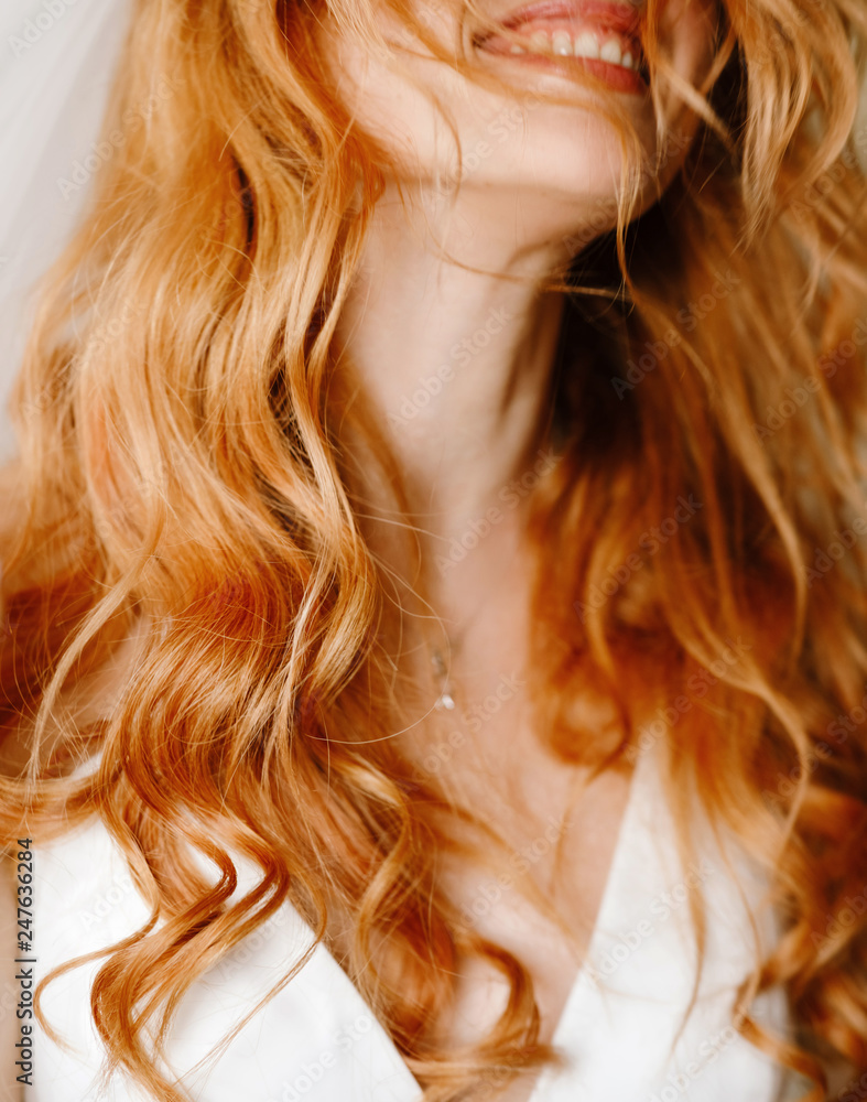 Tender lips and skin of charming bride with red curly hair Tender lips and skin of charming bride with red curly hair