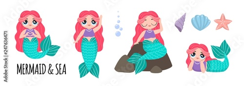 Set of beautiful mermaids with pink hair. Lol dolls. Vector illustrations.