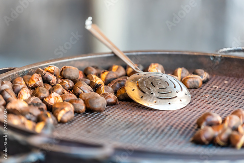 Canvas Print Unshelled chestnuts in shells on display street food roasting pan outside in Rom