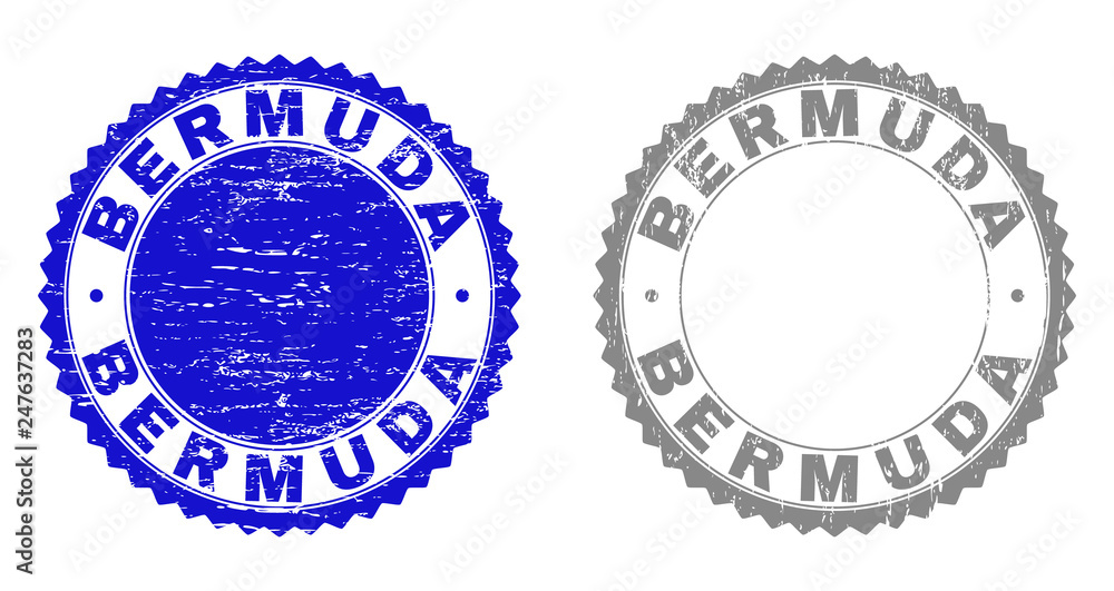 Grunge BERMUDA stamp seals isolated on a white background. Rosette seals with grunge texture in blue and gray colors. Vector rubber imitation of BERMUDA label inside round rosette.