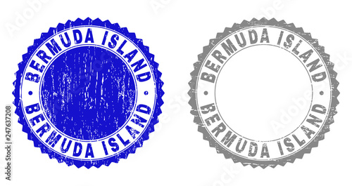 Grunge BERMUDA ISLAND stamp seals isolated on a white background. Rosette seals with grunge texture in blue and grey colors. Vector rubber watermark of BERMUDA ISLAND caption inside round rosette.