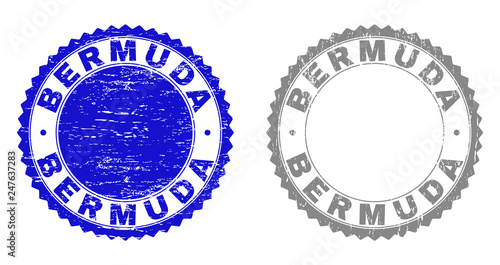Grunge BERMUDA stamp seals isolated on a white background. Rosette seals with grunge texture in blue and gray colors. Vector rubber imitation of BERMUDA label inside round rosette.