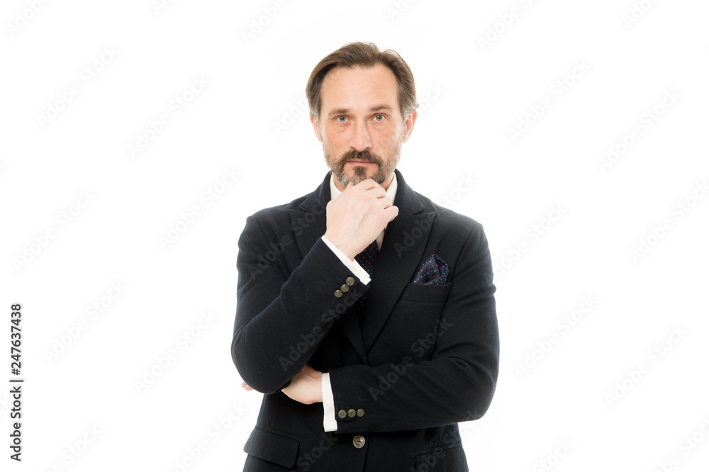 Man handsome mature fashion model wear fashionable suit on white background. Bespoke suit flatters every wearer. Perfect suit for every type of guy. Suit imbue sense of confidence of gentlemen