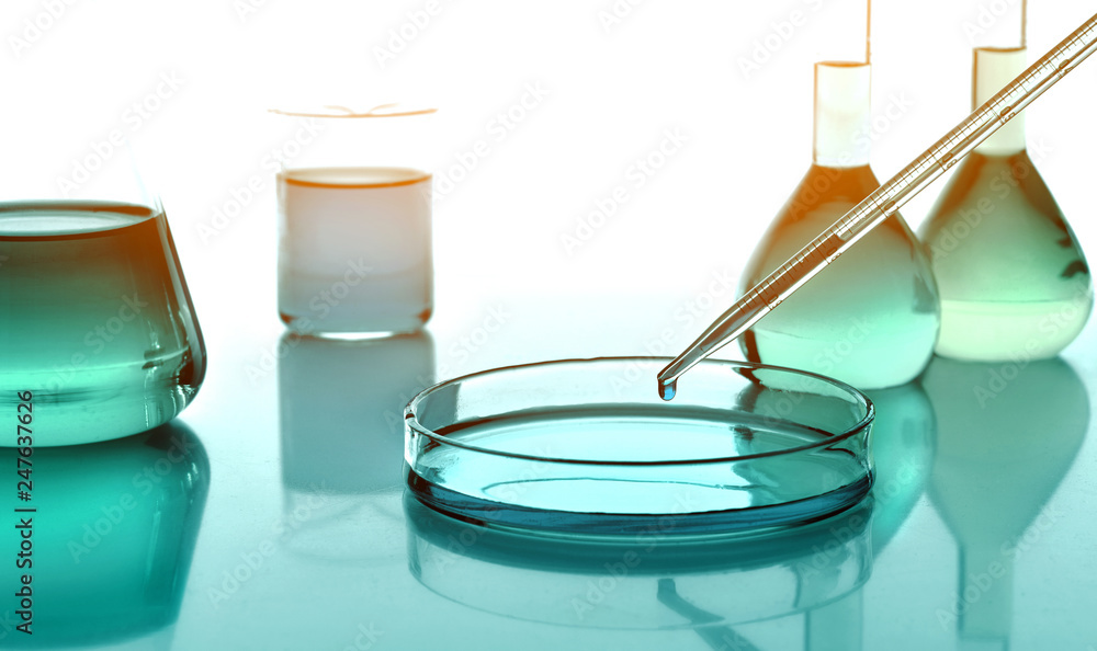 Laboratoy glassware with chemicals, chemistry science - obrazy, fototapety, plakaty 