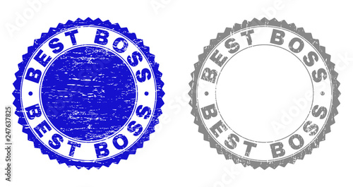 Grunge BEST BOSS stamp seals isolated on a white background. Rosette seals with grunge texture in blue and gray colors. Vector rubber watermark of BEST BOSS caption inside round rosette.