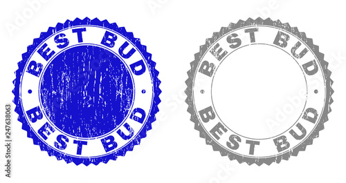 Grunge BEST BUD stamp seals isolated on a white background. Rosette seals with distress texture in blue and grey colors. Vector rubber watermark of BEST BUD text inside round rosette.