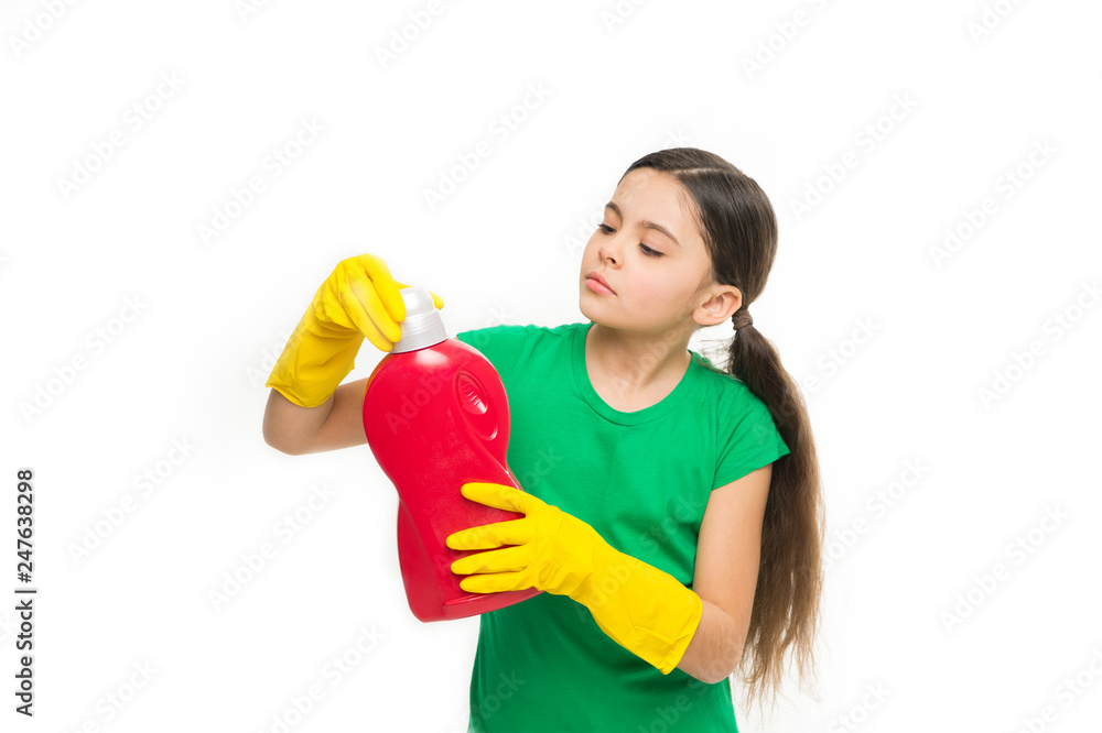 Girl in rubber gloves for cleaning hold big plastic bottle chemical soap liquid white background. Help clean up. Use professional product for cleaning. Useful product housekeeping. Cleaning supplies Girl in rubber gloves for cleaning hold big plastic bottle chemical soap liquid white background. Help clean up. Use professional product for cleaning. Useful product housekeeping. Cleaning supplies