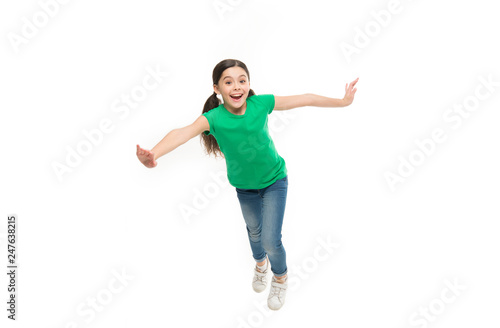 Rules to keep kids active. Girl cute child with long hair feeling awesome active. Leisure and activity. Active game for children. Kid captured in motion. How raise active kid. Free and full of energy
