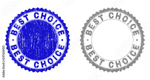 Grunge BEST CHOICE stamp seals isolated on a white background. Rosette seals with grunge texture in blue and gray colors. Vector rubber imitation of BEST CHOICE caption inside round rosette.