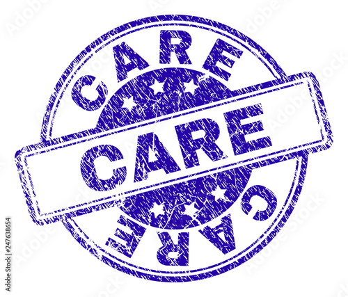 CARE stamp seal imprint with distress texture. Designed with rounded rectangles and circles. Blue vector rubber print of CARE text with retro texture.
