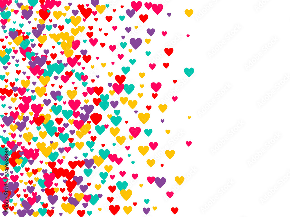 Candy of red, yellow, blue and purple hearts on a white background. Flying confetti from hearts. Valentine's day card.